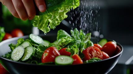 A hand sprinkles salt onto a bowl filled with fresh salad ingredients including lettuce, tomatoes, and cucumbers, highlighting a healthy cooking moment