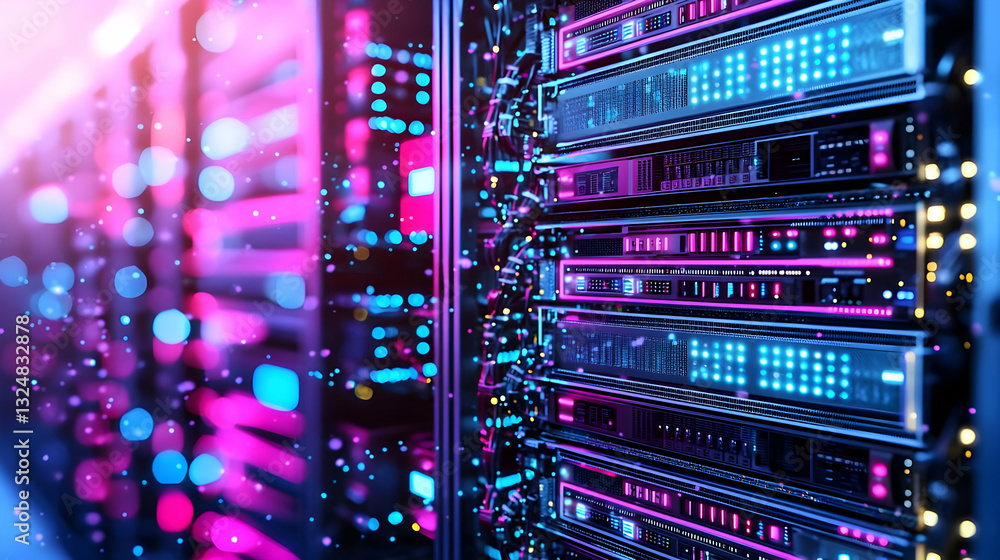Poster close up of server rack with pink and blue lights in data center with blurred background