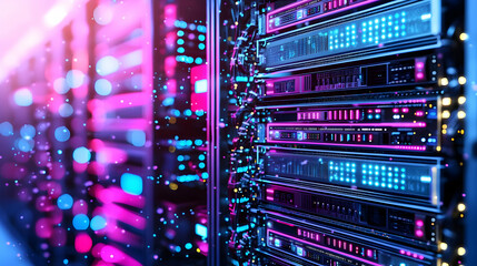 Naklejka premium Close Up of Server Rack With Pink and Blue Lights in Data Center With Blurred Background