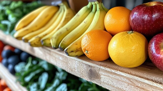 A variety of fresh fruits is displayed on a wooden shelf in a market. Bananas, oranges, and apples feature prominently, showcasing their bright colors and tempting textures