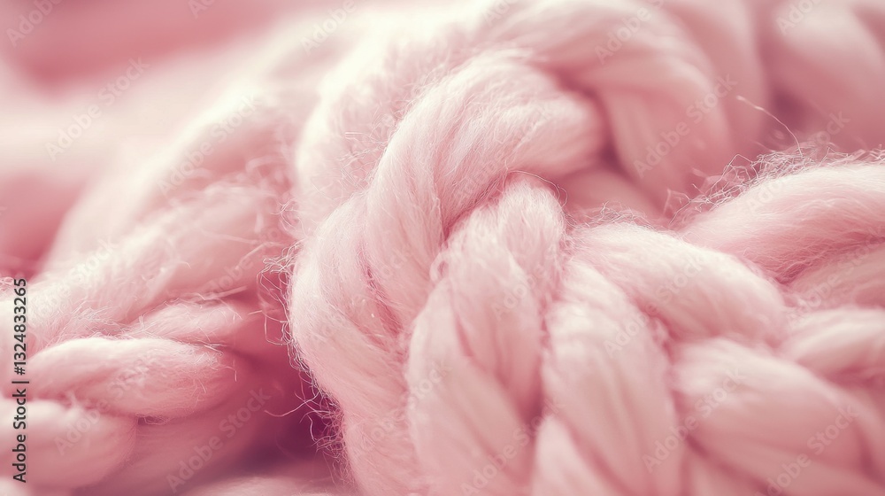 Poster A close-up view of a soft pink rope displaying intricate twists and textures. The fibers are fluffy and inviting, illuminated by natural light