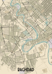 A detailed map of Baghdad, Iraq, showcasing the city's layout and major streets. The map features a beige background with black lines representing roads and a winding river flowing through the city.