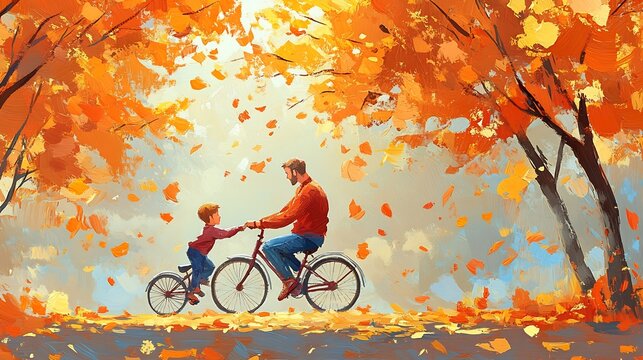 Lively outdoor scene of a father and son cycling together on a sunny day with vibrant colors and dynamic motion that capture energetic fun