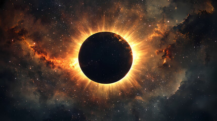 Obraz premium A captivating solar eclipse featuring a dark central circle surrounded by radiant beams of light, creating a striking contrast against the starry backdrop. Ecliptic Light. Illustration