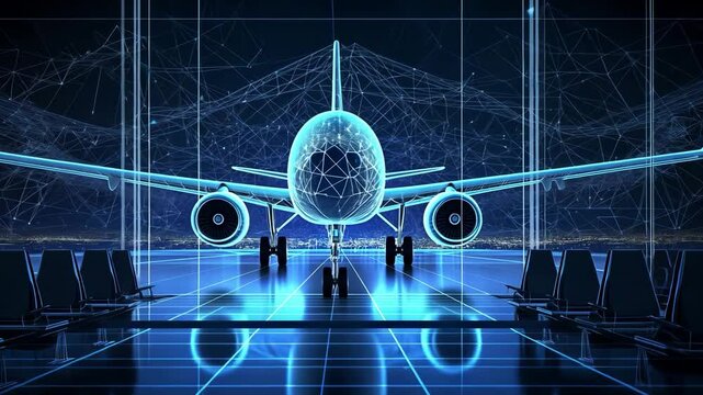 airplane passenger terminal transportation digital low poly wireframe ai generated video concept