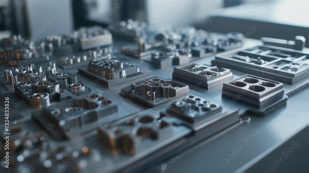 Poster precision manufactured metal components are displayed on a table in a factory setting, showcasing in