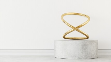 A gold sculpture of a twisted rope on a white pedestal.