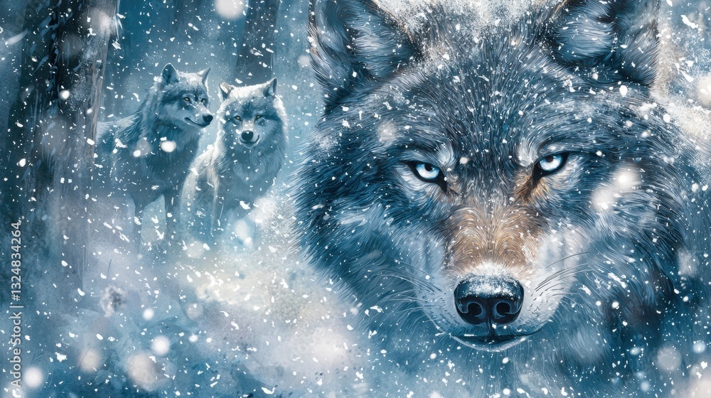 Poster three wolves are captured in a winter setting, with one prominently in front. snowflakes dance in th
