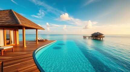 Fototapeta premium Tropical paradise: luxurious villa with infinity pool blending seamlessly into the serene ocean backdrop.