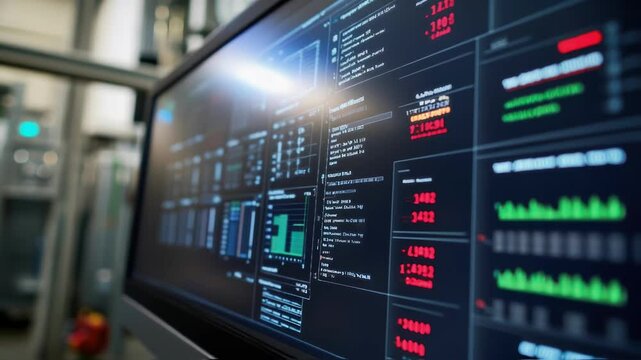 Large computer screen displaying real time data and key performance indicators for monitoring and controlling industrial processes in a modern factory setting