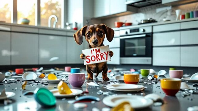 cute guilty dachshund puppy in the kitchen among broken dishes with a sign saying i'm sorry