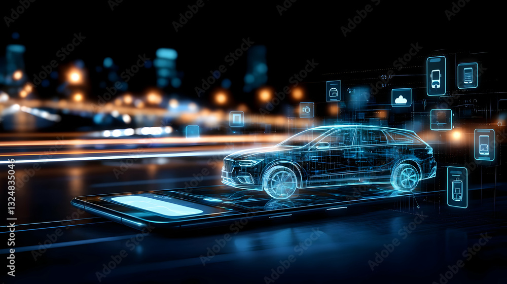Poster digital car displaying mobile technology interface over smartphone screen in illuminated city night