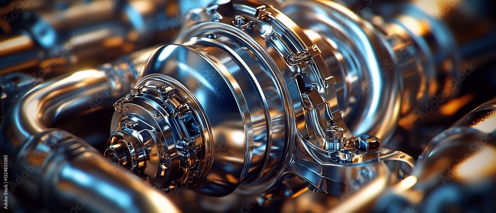 Poster gleaming metallic engine component with intricate gears and pipes