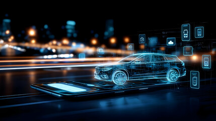 Digital Car Displaying Mobile Technology Interface Over Smartphone Screen in Illuminated City Night