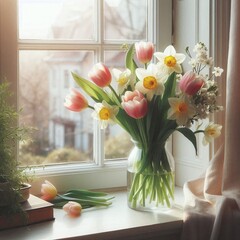Brightly colored tulips and daffodils are arranged in a clear vase on a window sill, surrounded by soft natural light and a tranquil home environment.