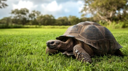 Fototapeta premium Giant tortoise on green grass in a park.