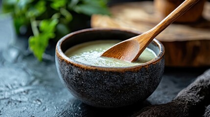 A bowl filled with creamy soup sits on a textured black surface, accompanied by a wooden spoon. Fresh herbs are nearby, enhancing the dish's appeal and flavor