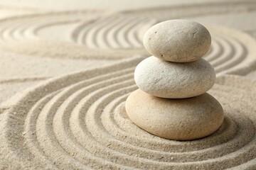 Zen Stones on Raked Sand Garden

