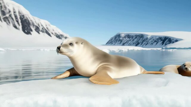 Young seal rests on floating ice, embracing cold Arctic air. Seal thrives in icy habitat, adapting to extreme climate. Seal survival depends on frozen landscape, seal resilience shines