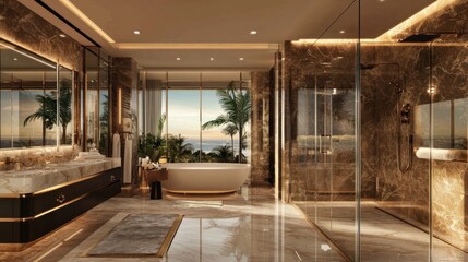 Fototapeta premium Luxury Bathroom with Ocean View: Opulent Design and Tranquil Atmosphere