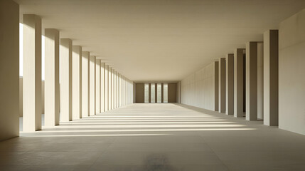 Obraz premium Architectural Interior Perspective Of A Concrete Hallway With Columns And Shadows
