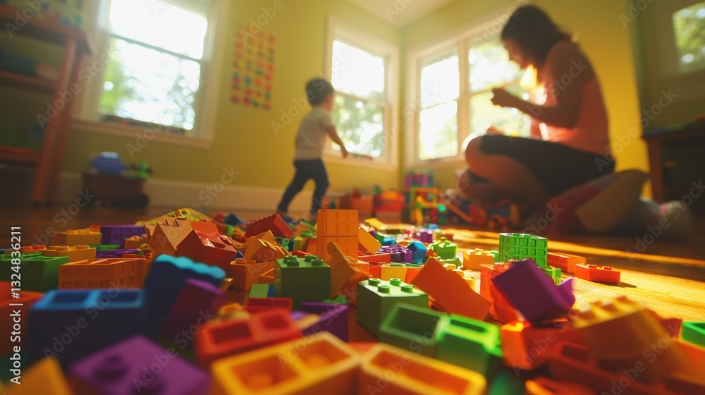 Poster a parent interacts with a child as they play with vibrant building blocks scattered on the floor. su