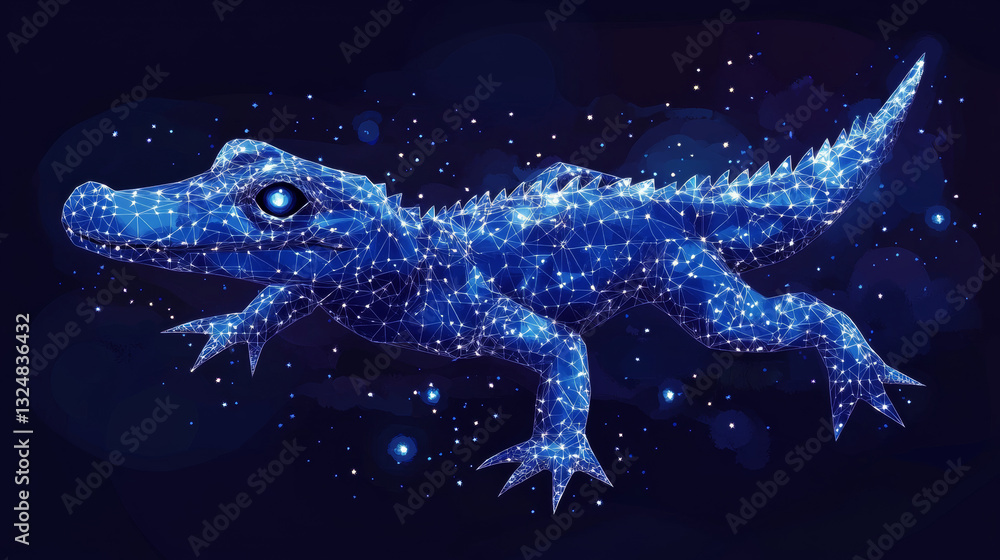 Poster crocodile. low poly blue. polygonal abstract illustration of animal. in the form of a starry sky or 