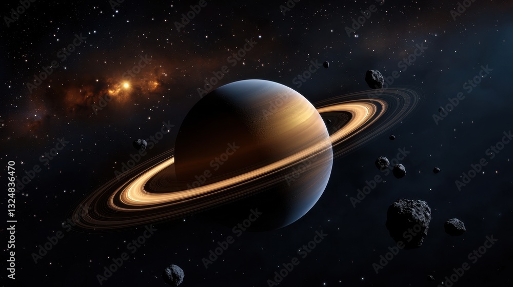 Poster this celestial view highlights saturn with its brilliant rings illuminated against the backdrop of s