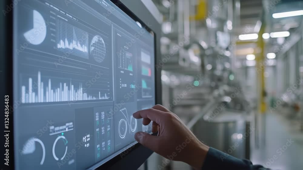 Poster industrial supervisor touching futuristic touchscreen interface, monitoring production process and a