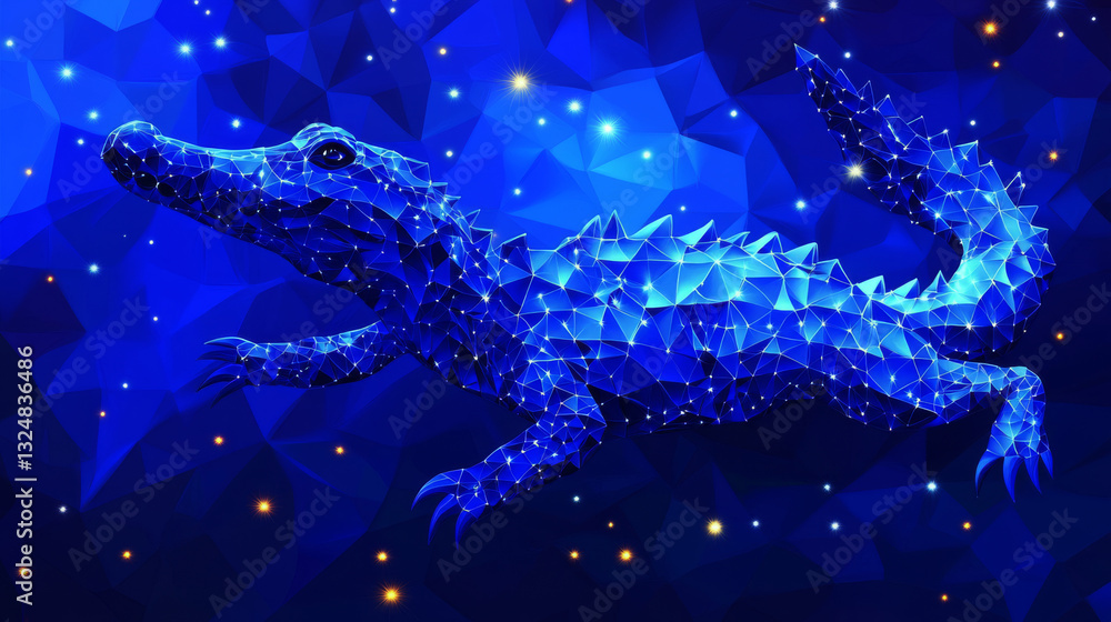 Poster crocodile. low poly blue. polygonal abstract illustration of animal. in the form of a starry sky or 