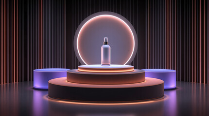 Luxury Cosmetic Bottle on Futuristic Neon Podium