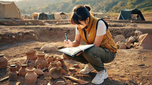 A female archaeologist takes notes on things found during an excavation