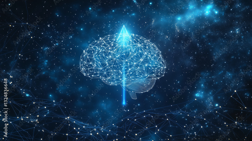 Poster arrow up and human brain. technological concept. low poly blue. polygonal abstract illustration. low