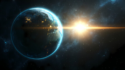 Fototapeta premium Earth in a precise orbital alignment, suns light piercing the vastness of space earth sun orbit, astronomical precision. Ecliptic Light. Illustration