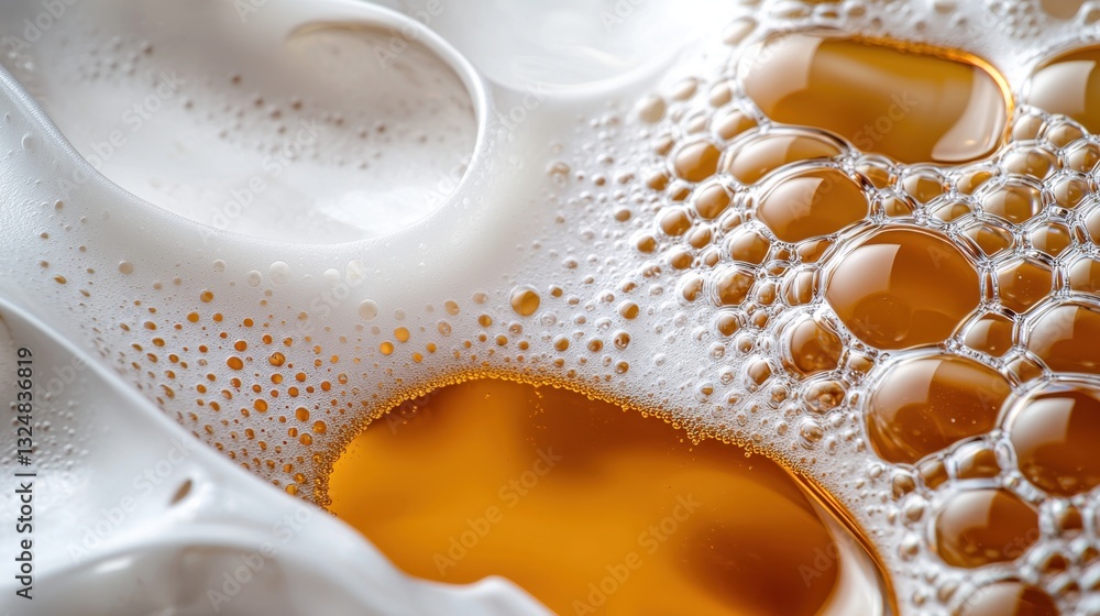 Poster a frothy drink with golden liquid and bubbles fills the frame, showcasing the texture and effervesce