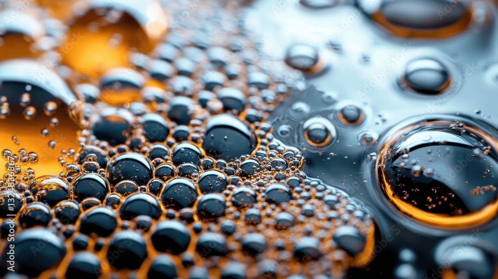 Poster droplets of bubbles in various sizes float to the surface in a dark carbonation, creating a captivat