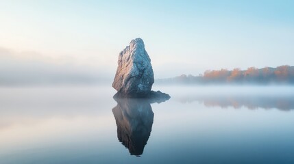 A large rock is centered in a lake with serene reflections