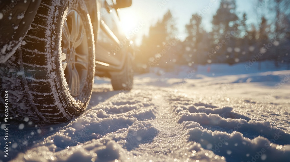 Poster a car's tire rests in deep snow, marking a path as the sun sets behind a forest. snowflakes fall gen