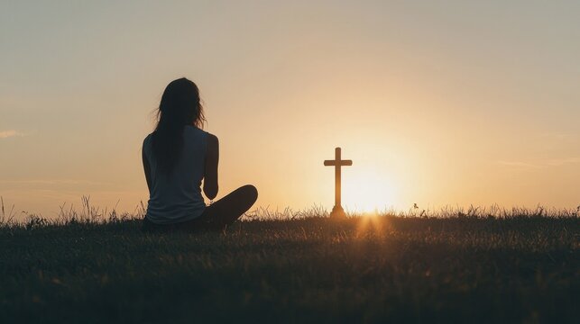 Silhouette of a woman sitting on the grass praying in front of a cross at sunset.