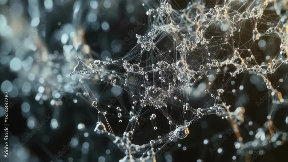 Poster intricate network of interconnected water droplets suspended in mid air, creating a complex structur