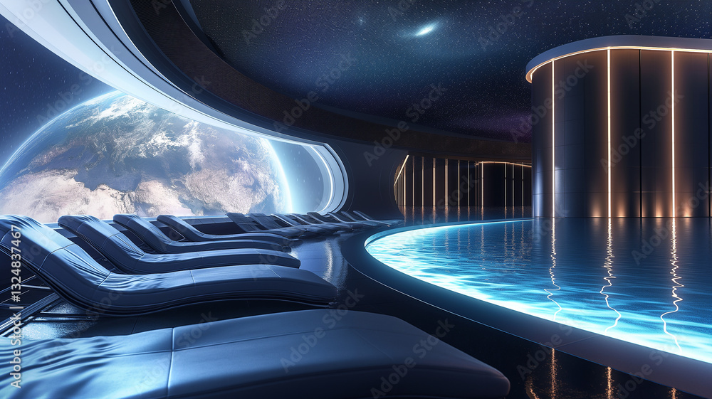 Poster this relax in a futuristic lounge with earth visible through large windows.