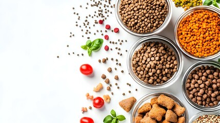 Natural organic ingredients and pet food in bowl