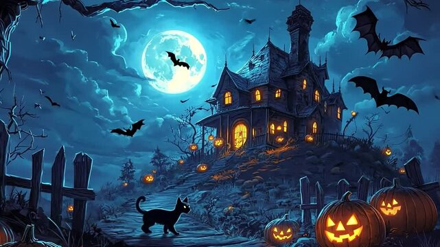 A spooky Halloween scene featuring a haunted house, bats, pumpkins, and a full moon illuminating the eerie atmosphere.