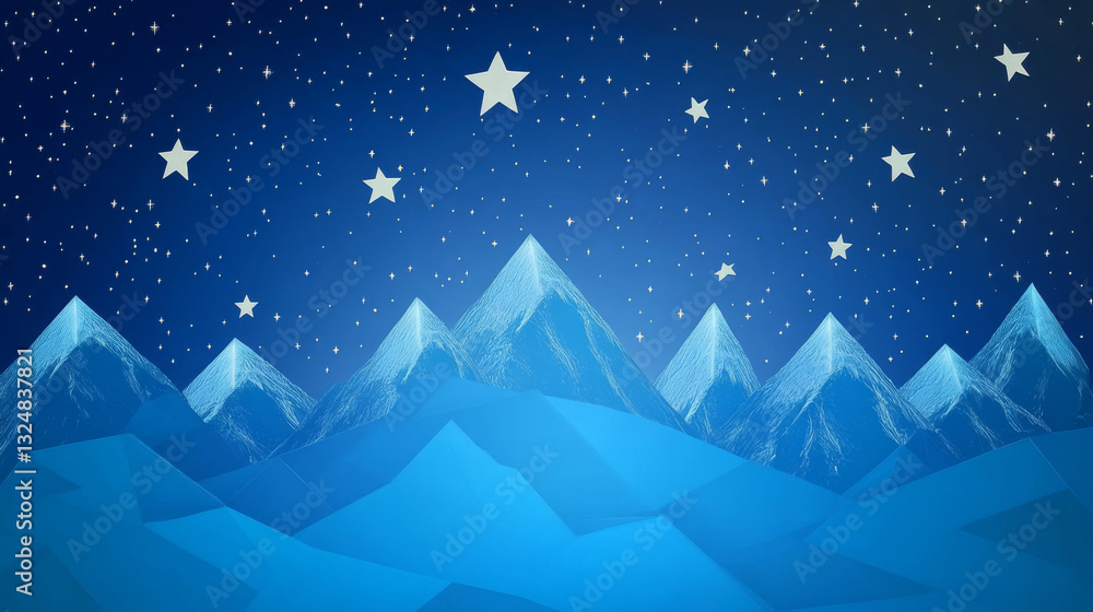 Poster abstract mountain valley. low poly blue digital landscape with mountains and starry sky. vector temp