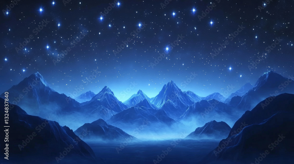 Poster abstract mountain valley. low poly blue digital landscape with mountains and starry sky. vector temp