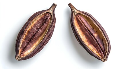 Halved cocoa pod on a white background