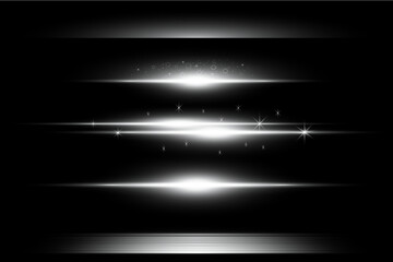 Collection of white horizontal lines.Laser rays.Light glare effect.Vector illustration on a black background.