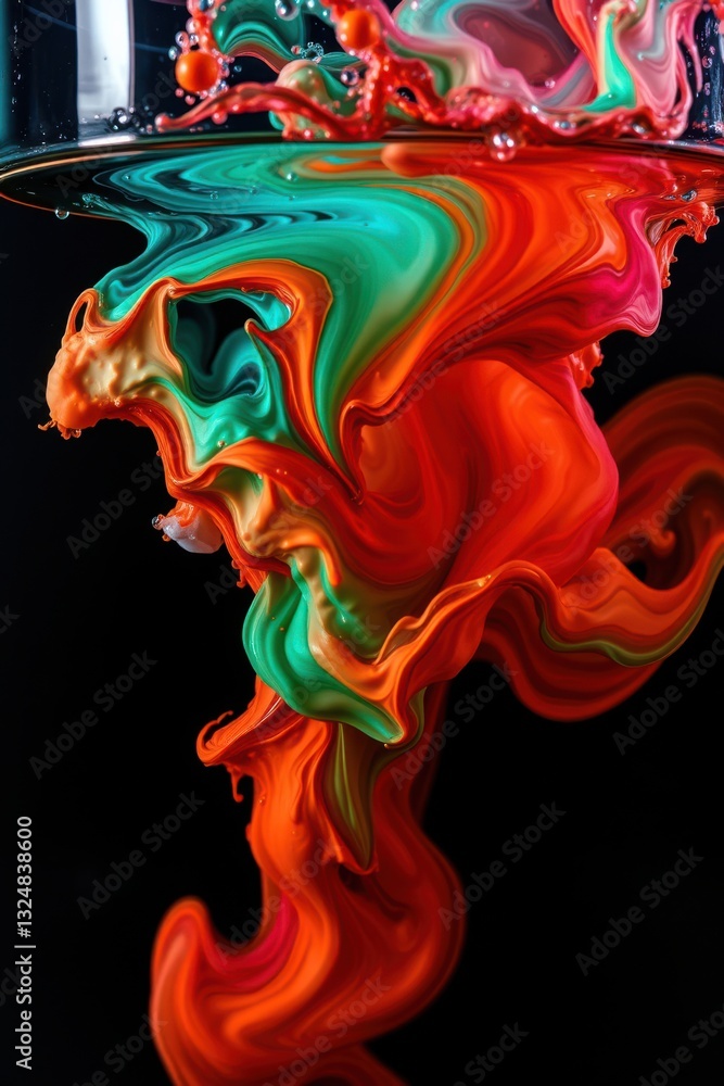 Poster dynamic mix of vibrant paint colors swirling and colliding in water, creating a mesmerizing abstract