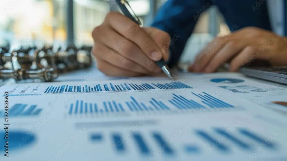 Poster businessman examining financial charts and graphs, developing innovative production strategies using
