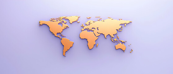 3D Rendered Metallic Gold World Map On A Pastel Lavender Purple Minimalist Background With Soft Even Lighting